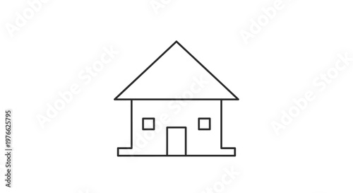 A simple, minimalist line drawing of a house with a triangular roof, two windows, and a door, set against a white background.