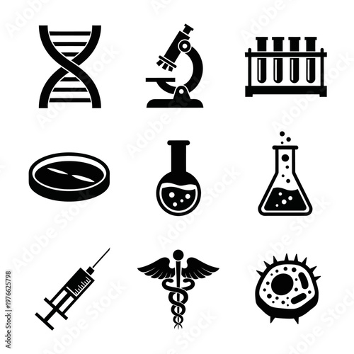 Science and Medical Icons: DNA, Microscope, Test Tubes, Syringe, Caduceus, Cell