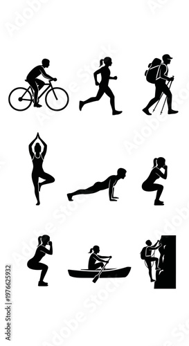 Diverse Sports and Fitness Activities Silhouettes: Cycling, Running, Hiking, Yoga, Push-ups, Squats, Kayaking, Climbing