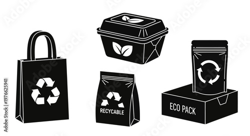 Eco-friendly Packaging Collection: Bags, Boxes, and Pouches with Recycling Symbols
