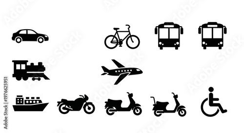 Diverse Transportation Icons: Car, Bicycle, Bus, Train, Airplane, Ship, Motorcycle, Scooter, Wheelchair