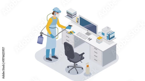 A person in protective gear disinfects an office desk and computer equipment with a sprayer, ensuring a clean and safe workspace.