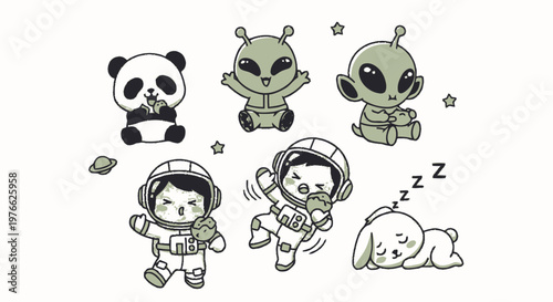 Adorable Cartoon Characters - Panda, Aliens, Astronauts, and Bunny in Playful Illustrations.