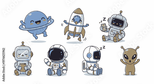 Adorable Cartoon Characters in Space - Planet, Rocket, Robots, and Alien.