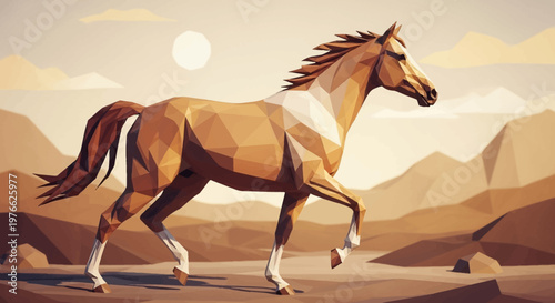 A majestic low-poly horse with geometric facets walks gracefully through a warm, sunlit desert landscape with distant mountains.