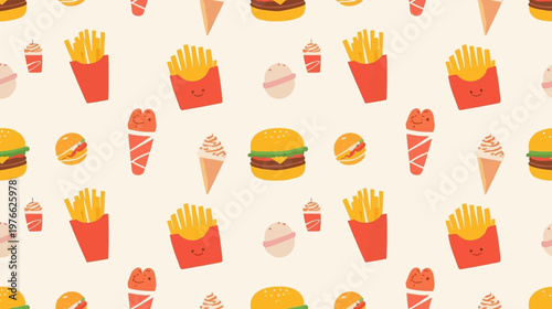 Seamless pattern featuring cute cartoon hamburgers, french fries, ice cream cones, and drinks on a light background, perfect for food-related designs.