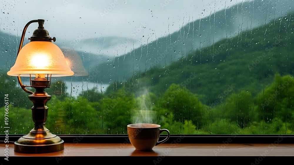 Obraz premium Cozy Rainy Day Scene with Lamp and Coffee Overlooking Misty Mountains.