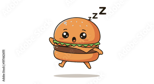 Adorable cartoon burger character with sleepy expression and cute features.