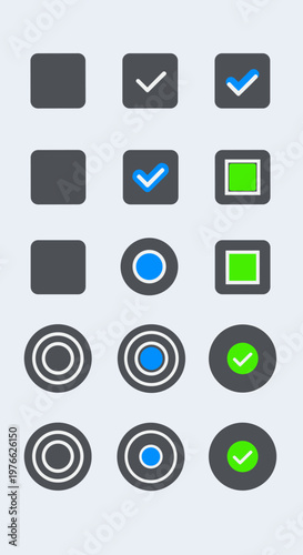 Collection of modern UI checkbox and radio button icons with various states of selection and color highlights.