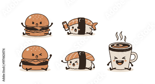 Adorable Cartoon Food Characters Smiling and Waving in Delightful Illustration.