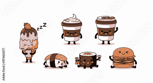 Adorable Cartoon Food Characters Smiling and Displaying Various Emotions.