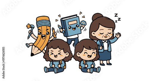 Adorable cartoon characters representing education and learning concepts in a fun illustration.