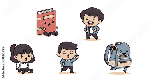 Adorable cartoon characters representing school supplies and students.