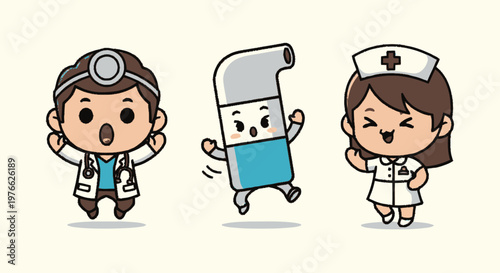 Adorable cartoon doctor, inhaler, and nurse characters smiling happily together.