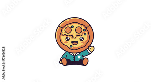 Adorable cartoon pizza character waving hello with a cheerful expression.