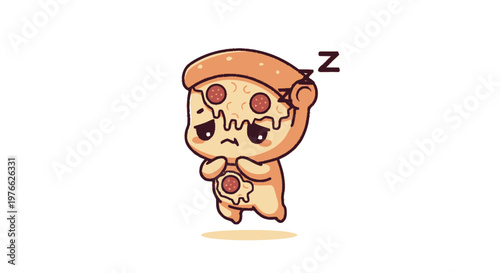 Adorable cartoon pizza slice character looking sad and sleepy with closed eyes.