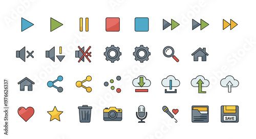A comprehensive collection of flat design icons representing various digital functions and common user interface elements.