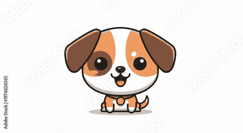 Adorable cartoon puppy with big eyes and happy expression, smiling widely.