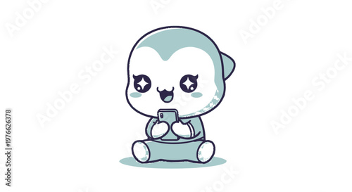 Adorable cartoon seal character happily using a smartphone device, smiling.