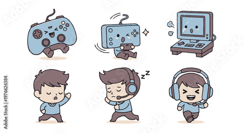 Cartoon gaming characters and controllers in a fun illustration.