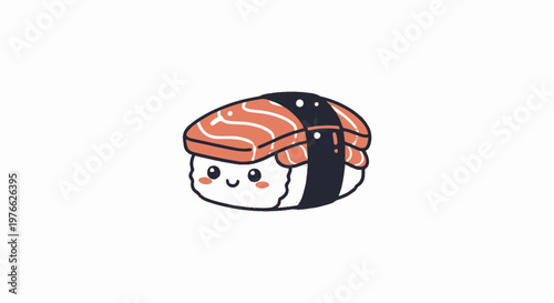 Adorable Cartoon Sushi Nigiri with Smiling Face on White Background.