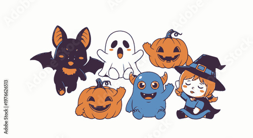 Adorable Halloween Characters - Bat, Ghost, Pumpkins, Monster, and Witch.