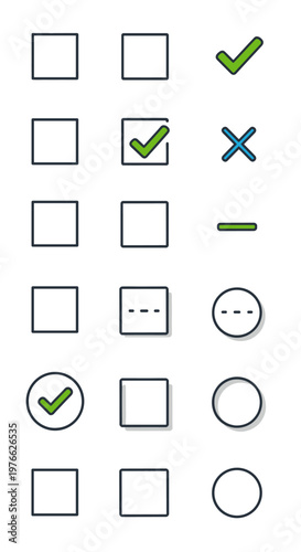 Collection of UI icons depicting various states of checkboxes, radio buttons, and selection indicators for user interfaces.