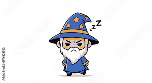 Cartoon Wizard Sleeping Standing Upright with a Grumpy Expression.