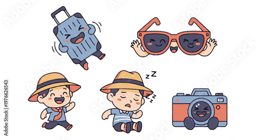 Cartoon Travel Elements - Suitcase, Sunglasses, Traveler, Camera, and Hat.