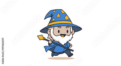 Cartoon Wizard with Blue Robes and Staff Running Forward.