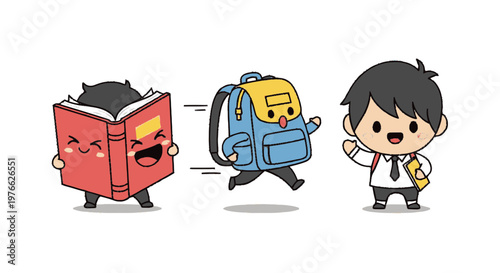 Cheerful cartoon book, backpack, and boy ready for school.