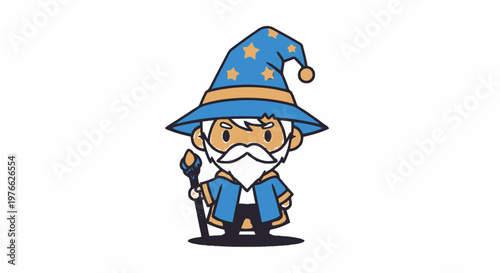 Cartoon Wizard with a Blue Hat and Staff in Hand.