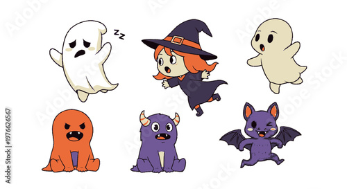 Adorable Halloween Characters in a Colorful and Playful Illustration.