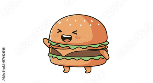 Cheerful cartoon burger character with a happy expression and waving hand.