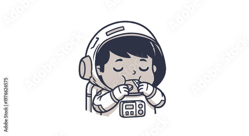 Charming Astronaut Cartoon Illustration Enjoying a Snack in Space.