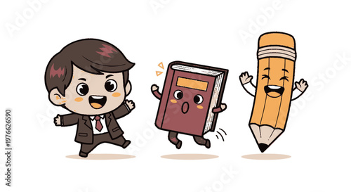 Cheerful cartoon businessman, book, and pencil characters happily jumping together.