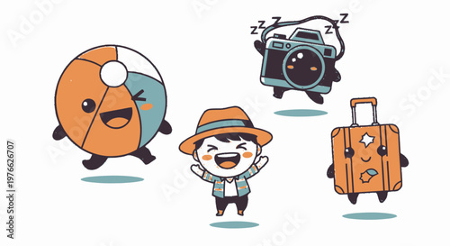 Cheerful Beach Ball, Camera, Boy, and Suitcase Cartoon Characters.