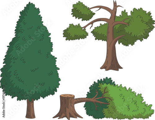 Cartoon tree and bush set with evergreen tree, leafy branches, fallen log and stump isolated on white background, nature illustration for landscape design