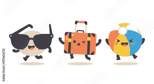 Cheerful Beach Ball, Suitcase, and Sunglasses Characters Ready for Summer Fun.