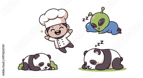 Chef Character Joyfully Leaping with Cute Panda and Alien Friends.
