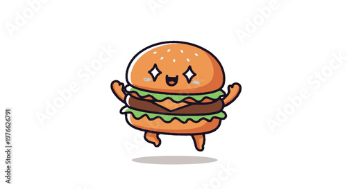 Cheerful Cartoon Burger with Arms and Legs, Happy and Smiling.