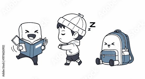 Cute Cartoon Characters - Bookworm, Sleepy Boy, and Backpack.
