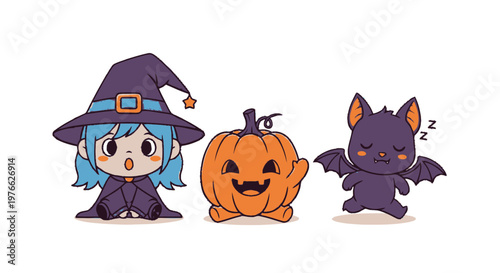 Adorable Halloween Characters - Witch, Pumpkin, and Bat in Cute Cartoon Style.