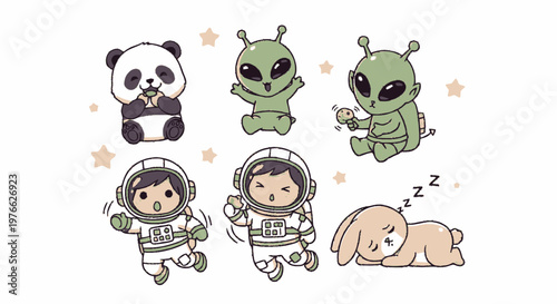 Adorable Panda, Aliens, Astronauts, and Bunny in a Cute Cartoon Illustration.