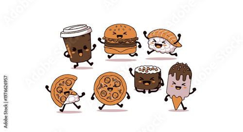 Cheerful Cartoon Food Characters Dancing and Smiling on White Background.