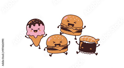 Cheerful Cartoon Food Characters Dancing and Smiling Together Happily.