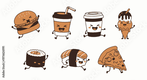 Cheerful Cartoon Food Characters Running with Joyful Expressions.