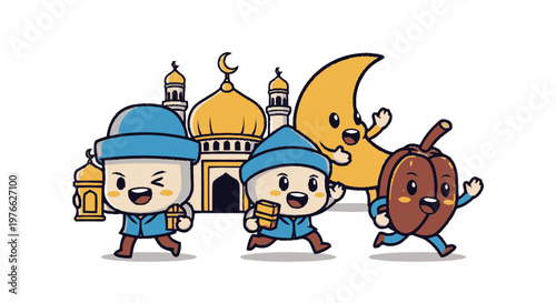 Cute Cartoon Characters Celebrating Ramadan with Mosque and Crescent Moon.