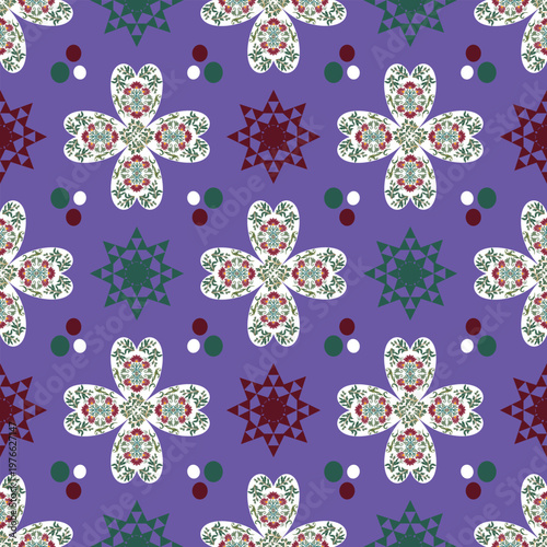 Detailed original digital illustration of a seamless floral heart pattern on a violet background. Hand-drawn botanical line art by artist featuring red flowers and green leaves with star geometric orn