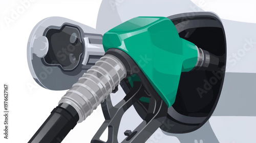 Close-up view of a green fuel pump nozzle inserted into a car's gas tank for refueling.